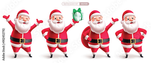 Christmas santa claus characters vector set design. Santa claus cute mascot character holding gift box and red sack elements in smiling and standing pose. Vector illustration seasonal costume 