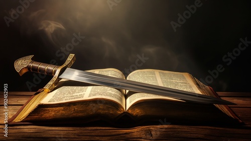 Sword placed on open book with dramatic lighting