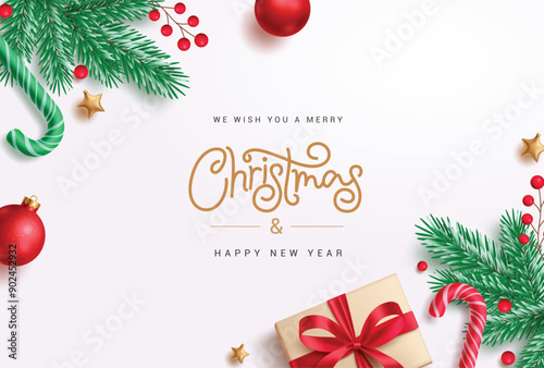 Christmas greeting card vector template design. Merry christmas and happy new year greeting text with spruce leaves, candy cane and holly berry ornaments in elegant background. Vector illustration 