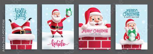 Christmas santa claus greeting card vector design. Merry christmas greeting cards with santa claus characters in chimney and snow winter template. Vector illustration gift tags collection. 
