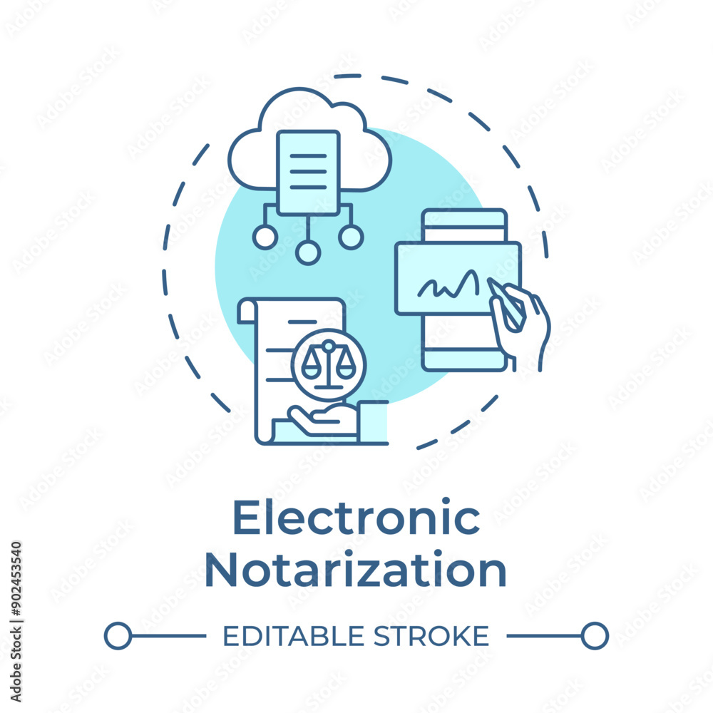 Electronic notarization soft blue concept icon. Digital signing, cloud storage. Round shape line illustration. Abstract idea. Graphic design. Easy to use in infographic, presentation Electronic notarization soft blue concept icon. Digital signing, cloud storage. Round shape line illustration. Abstract idea. Graphic design. Easy to use in infographic, presentation