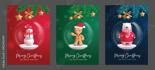 Merry christmas greeting card vector design. Christmas gift tags with snowman, ginger bread and polar bear in glass balls hanging for seasonal card collection. Vector illustration holiday season card 