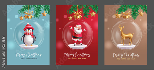 Christmas greeting card vector poster design. Merry christmas and happy new year gift tags ang card collection with santa claus, penguin and deer in glass balls hanging elements. Vector illustration 