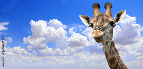 Cute curious giraffe. The giraffe looks interested. The animal looks with interest. On blue sky background photo