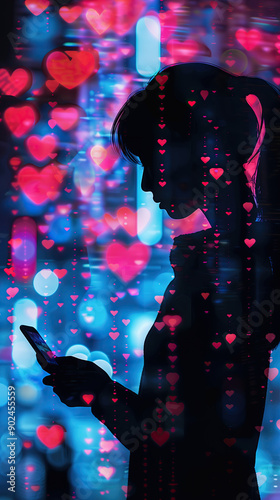 Holographic woman sending love messages, with a scammer silhouette lurking behind  photo