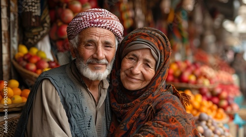 Smiling Elderly Couple at Vibrant Fruit Market