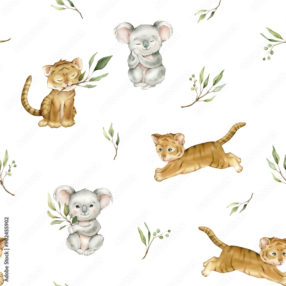 Obraz premium Seamless pattern with green eucalyptus leaves and cute tiger and koala. Watercolor isolated illustration on white background. Cartoon kids print with animals minimalist scandinavian style.