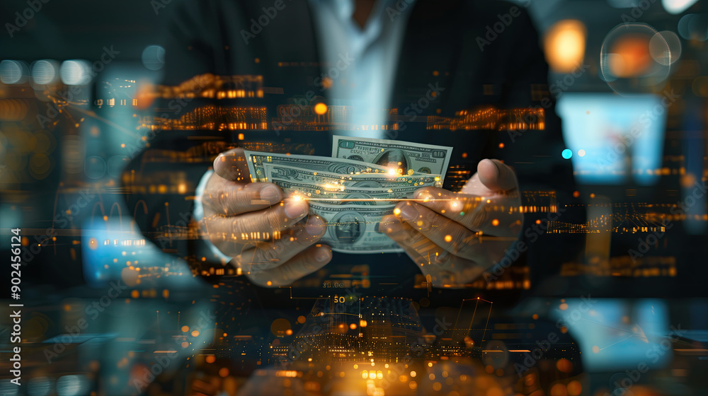 Futuristic Hologram of Man Sending Payment Requests with Scam Alerts Displayed, Cybersecurity Concept and Money Transfer Scams