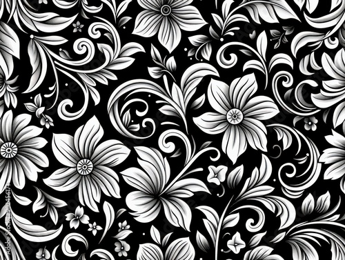 Vintage floral vector seamless pattern wallpaper with damask swirl ornament for decor