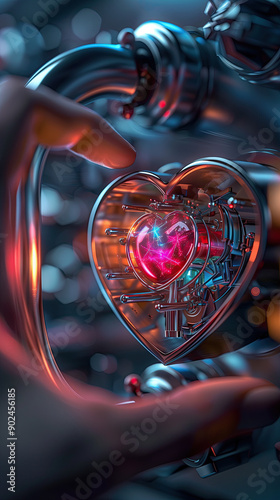 Cyber Crime Scene: Holographic Love Scammer Breaking into Heart-Shaped Safe with Advanced Hacking Tools photo