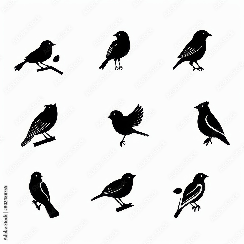 Bird icon set, black and white sparrow symbols, bird sign collection, wild animal pictograms on white