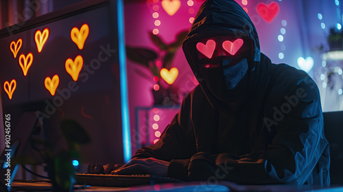 Crypto Scam Close-Up: Masked Fraudster at Computer with Floating Neon Hearts Illustrating Romance Scam Scenario photo