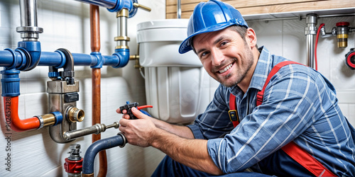 plumber at work  features a man in a blue hard hat and gray shirt working on a pipe in a bathroom, with various pipes and fixtures visible in the background.