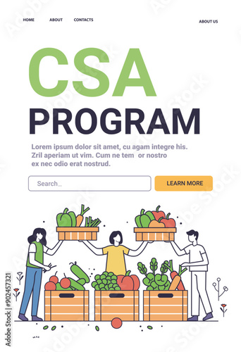 CSA Program community supported agriculture concept Eco-friendly farming with people holding vegetable crates Organic produce minimalistic line art