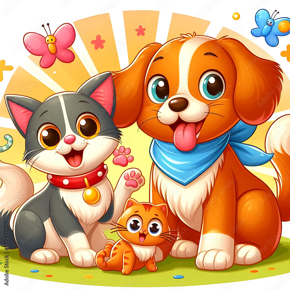 Fototapeta premium Playful cartoon cats and dog with butterflies in a colorful garden. Cute and cheerful illustration for kids and animal lovers.