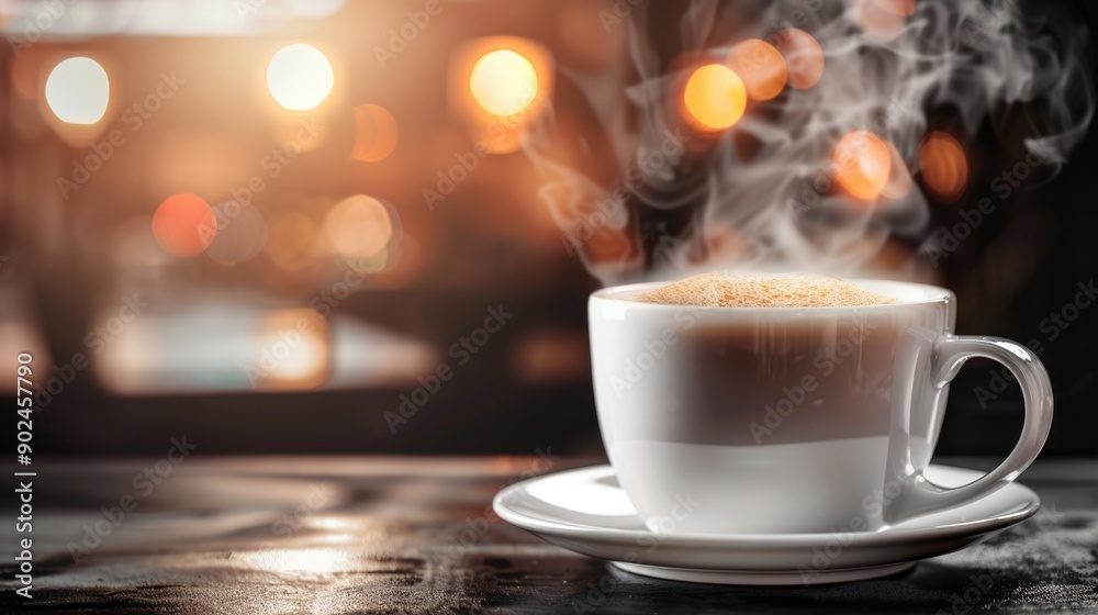 Obraz premium Close up mug with aromatic coffee white cup of hot aroma cappuccino espresso latte steam smoke on table morning breakfast drinking tasty drink cafeteria cafe restaurant caffeine beverage energy dinner