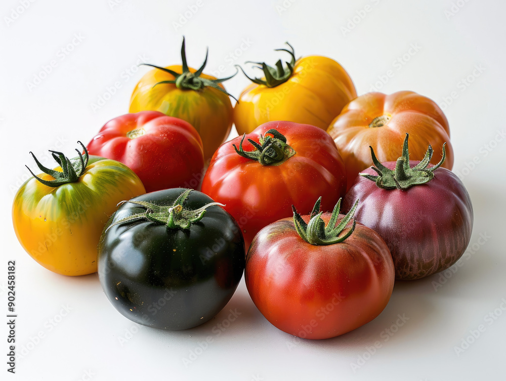 Heirloom Tomatoes on White Background, Colorful and Juicy Produce Heirloom Tomatoes on White Background, Colorful and Juicy Produce