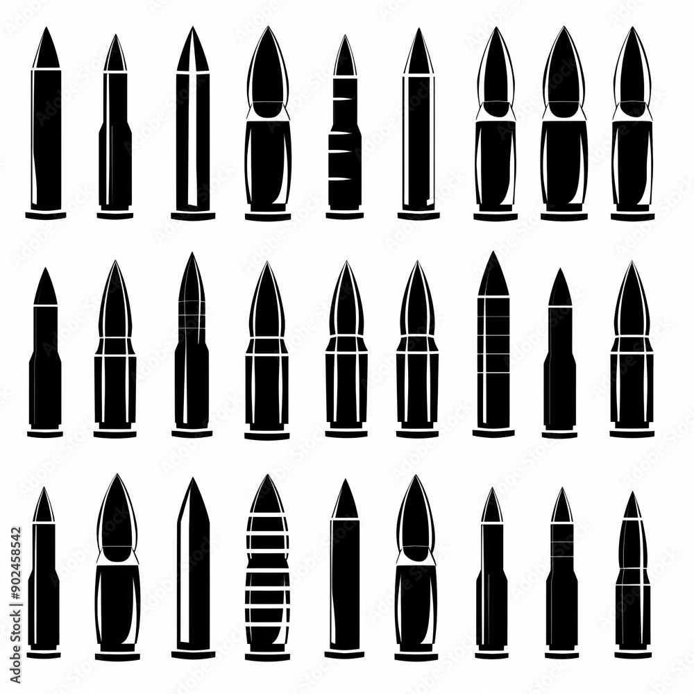 Bullet icon, black shell symbol, military cartridge silhouette, minimal gun sleeve emblem, weapon sign