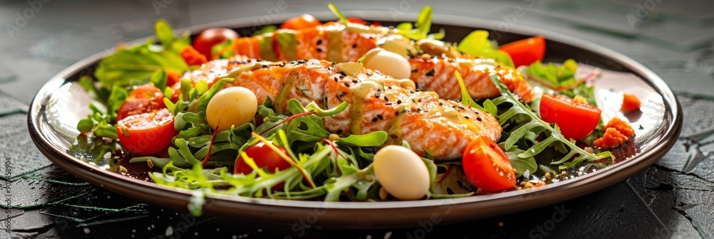 Caesar Salad with Grilled Salmon, Red Fish Fillet Salat, Quail Egg, Mini Baguette Crackers Caesar Salad with Grilled Salmon, Red Fish Fillet Salat, Quail Egg, Mini Baguette Crackers
