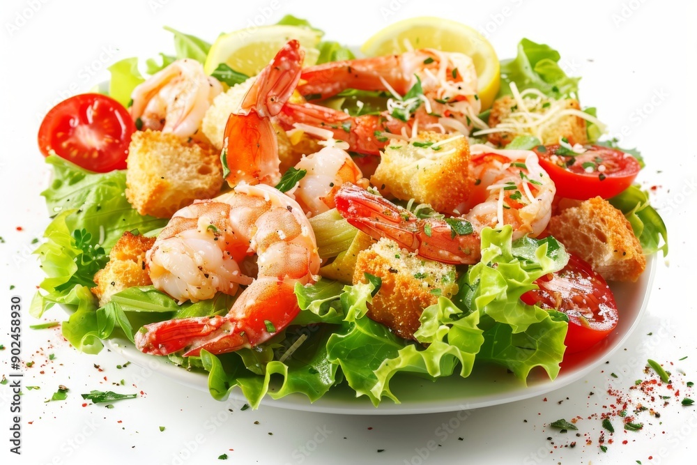 Caesar Salad, Cesar Salat or Barbecue Shrimps Ceasar with Green Lettuce, Grated Parmesan Cheese Caesar Salad, Cesar Salat or Barbecue Shrimps Ceasar with Green Lettuce, Grated Parmesan Cheese