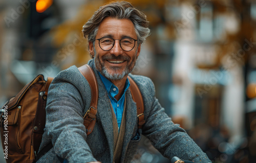 A man wearing glasses and a brown backpack is smiling while riding a bicycle. Concept of happiness and leisure, as the man is enjoying his time outdoors