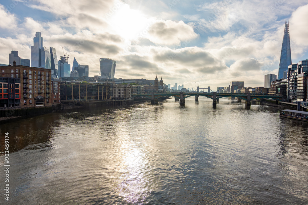 Shard skyscraper, City of London and bridges over Thames river at sunrise, UK Shard skyscraper, City of London and bridges over Thames river at sunrise, UK