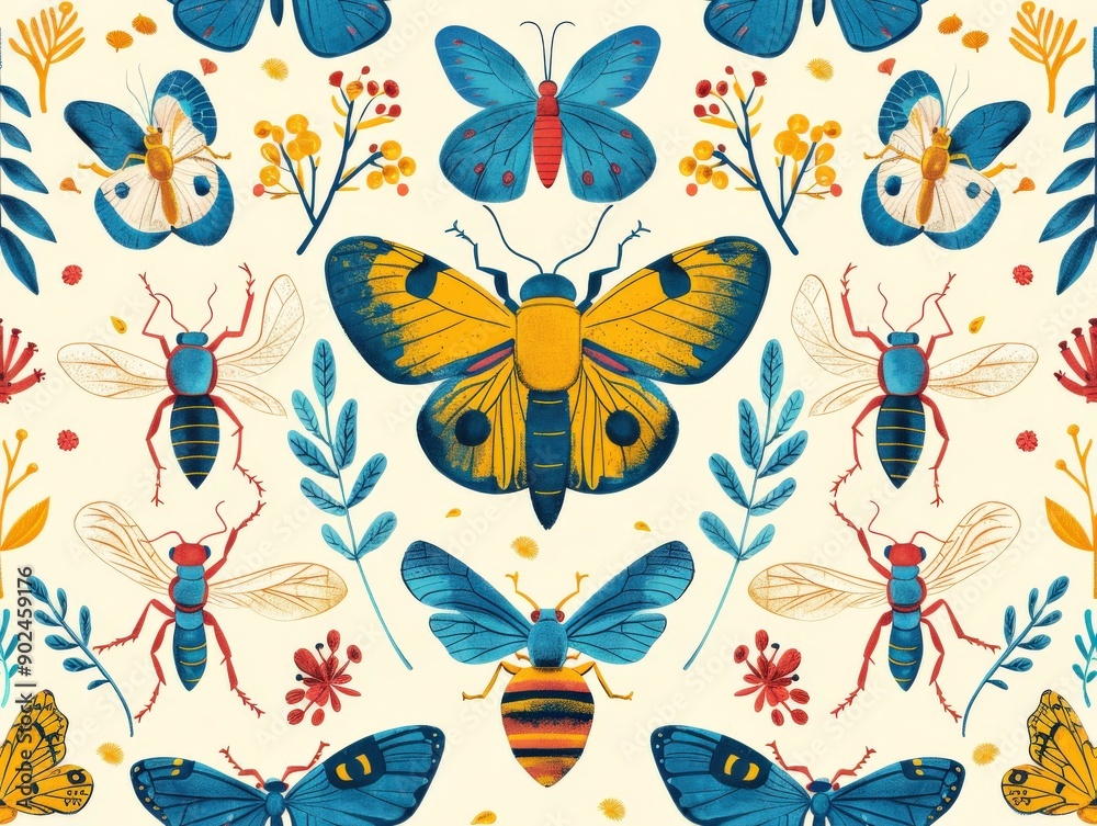 A collection of butterflies with a pattern of butterflies and flowers A collection of butterflies with a pattern of butterflies and flowers