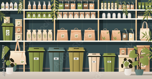 Eco packaging store interior shelves with various containers bins bags bottles plants green beige colors