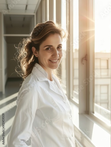 Woman doctor smiling in a hospital corridor, sunlight through windows Free Download Woman doctor smiling in a hospital corridor, sunlight through windows - GFXLoad