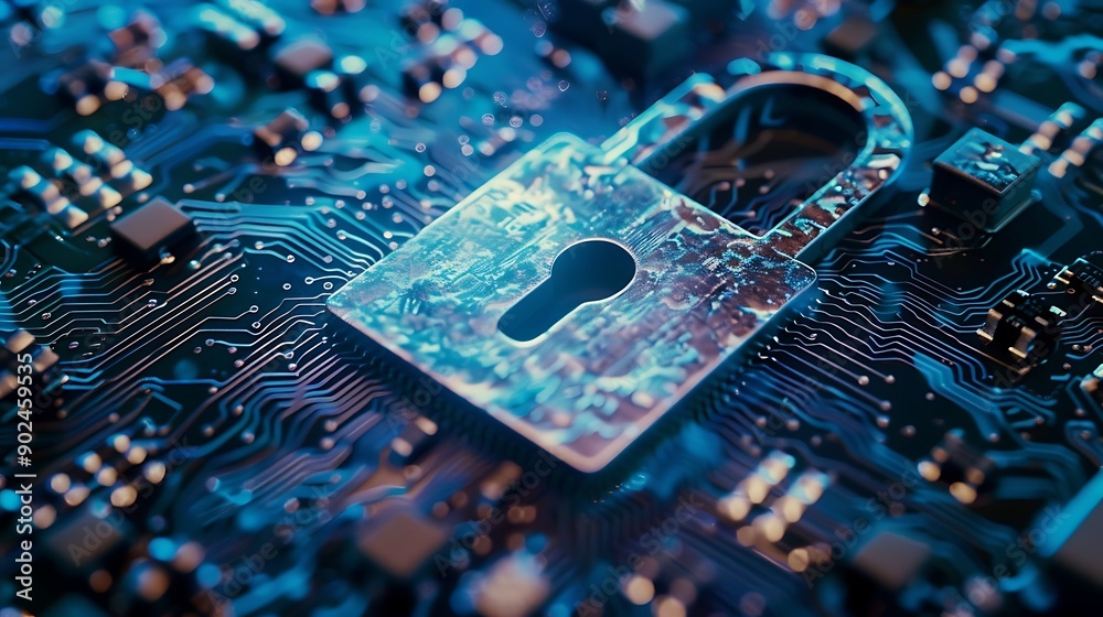Secure Digital Lock on a Circuit Board Representing Cybersecurity and Data Protection Secure Digital Lock on a Circuit Board Representing Cybersecurity and Data Protection