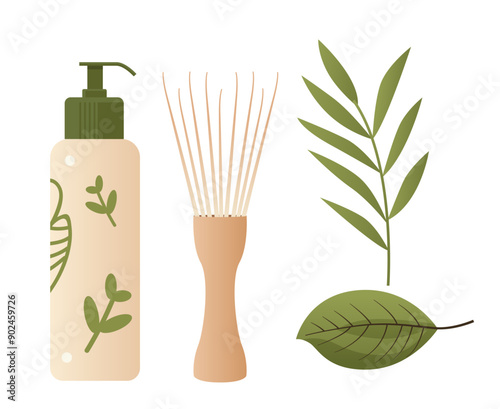 Eco packaging items collection with leaves and natural elements beige bottle wooden brush green foliage minimalistic design