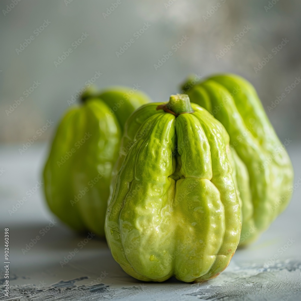 Fresh Green Chayote or Sicyos Edule also known as Christophine, Mirliton and Choko on Light Table Fresh Green Chayote or Sicyos Edule also known as Christophine, Mirliton and Choko on Light Table