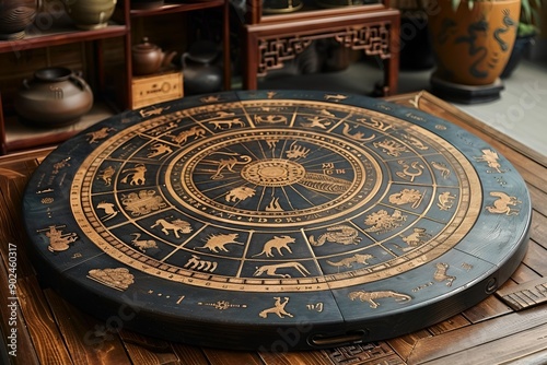 a circular black and gold table.