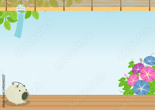 夏をイメージした風鈴と朝顔と蚊取り線香の背景_横_2
