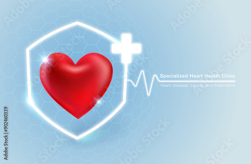 Specialist clinic for cardiology treatment. Medical services symbol with shield and plus sign with heart shape. Vector illustration file template.