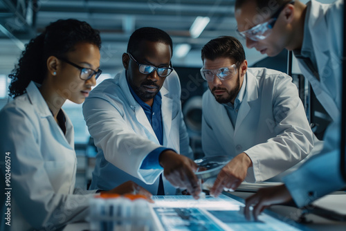 A diverse team of engineers collaborating on a cutting-edge project in a modern, high-tech lab