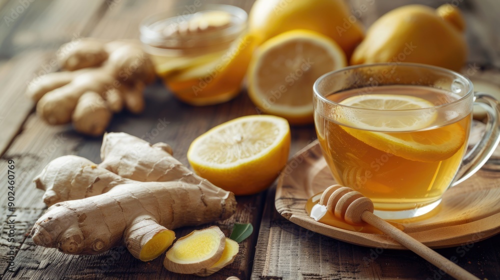 Ginger tea with lemon and honey on a wooden table Ginger tea with lemon and honey on a wooden table