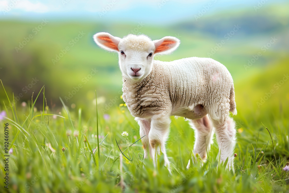 A Young White Lamb Standing in a Lush Green Field A Young White Lamb Standing in a Lush Green Field
