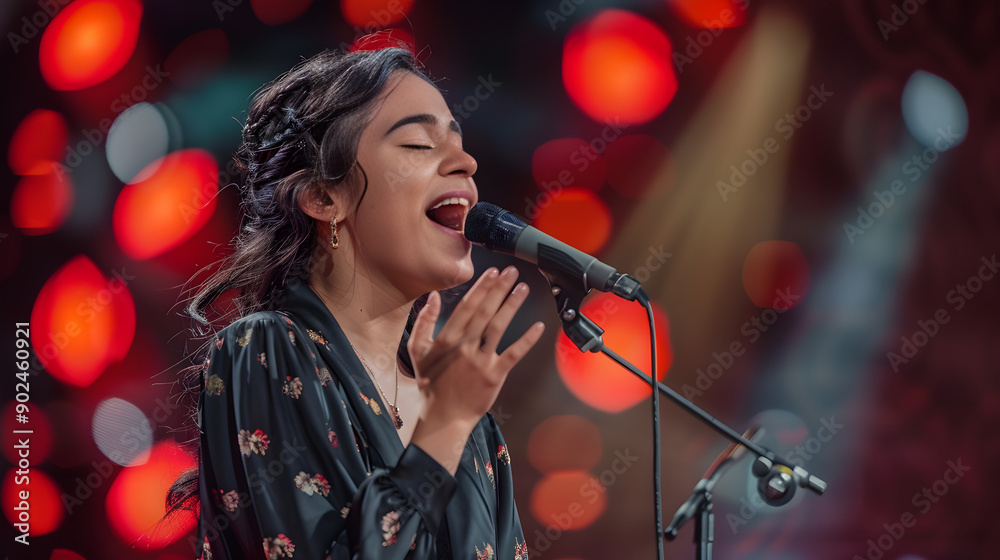 A singer in a competition effortlessly hitting a high note, leaving the audience impressed. A singer in a competition effortlessly hitting a high note, leaving the audience impressed.