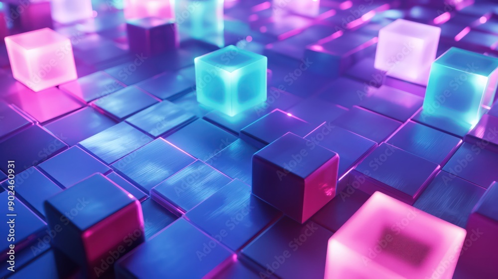 Fototapeta premium Futuristic hi-tech glowing background with cubes. Generative AI