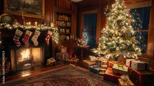 A cozy living room exudes holiday warmth with a beautifully lit Christmas tree, glowing fireplace, and festive decorations throughout the space