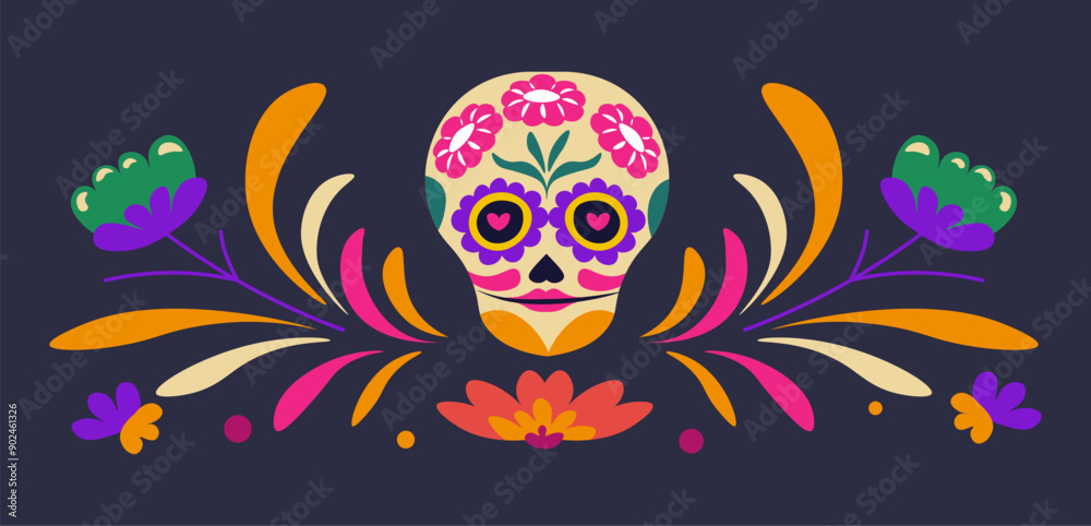 Naklejka premium Floral Skull with Colorful Elements