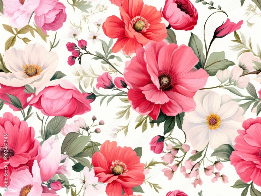 Vibrant floral vector pattern with blooming roses and leaves