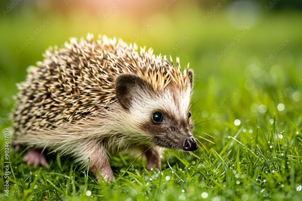 A Close-Up of a Hedgehog in Lush Green Grass with Dew Drops A Close-Up of a Hedgehog in Lush Green Grass with Dew Drops