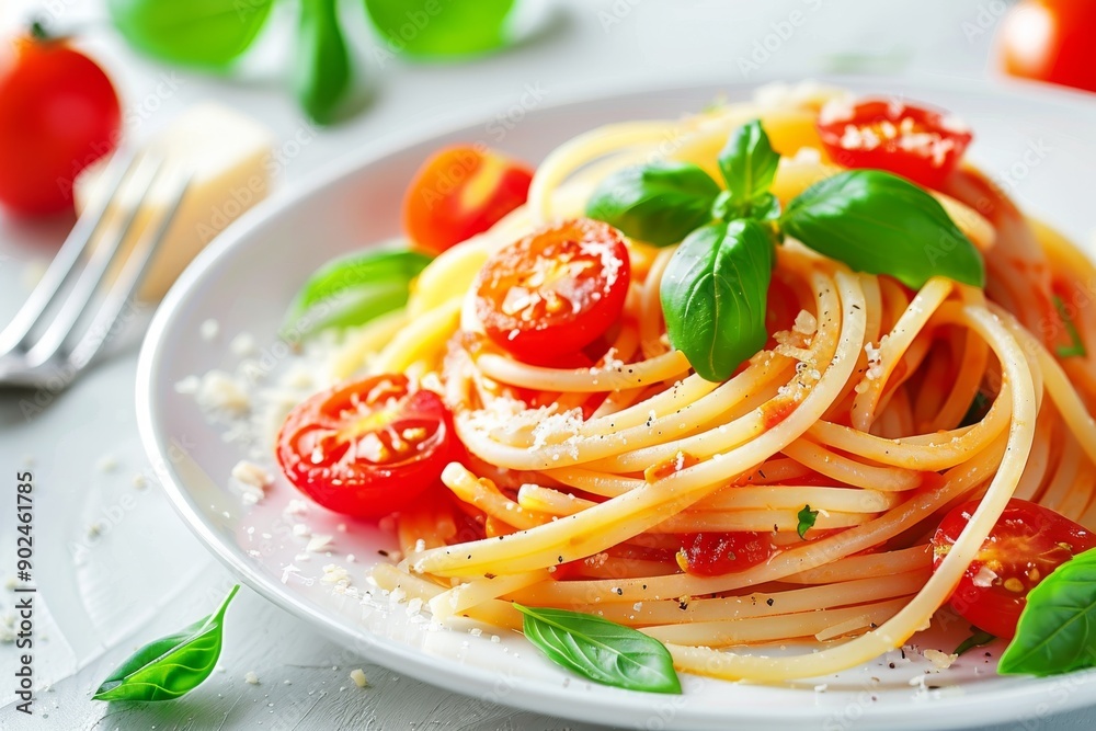 Classical italian spaghetti with tomatoes, tomato sauce, basil, milk mozzarella and parmesan cheese Classical italian spaghetti with tomatoes, tomato sauce, basil, milk mozzarella and parmesan cheese