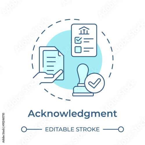 Acknowledgment soft blue concept icon. Regulatory compliance, verification. Document stamp. Round shape line illustration. Abstract idea. Graphic design. Easy to use in infographic, presentation