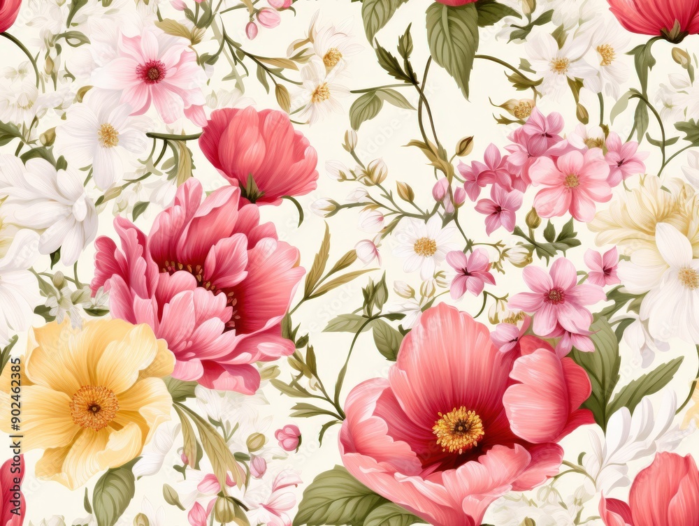 Obraz premium A vibrant background filled with a delicate pattern of pink and white flowers