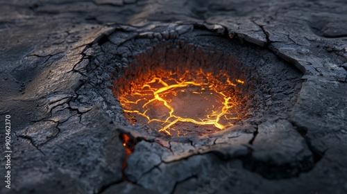 A fiery crater glowing with molten lava, surrounded by cracked black earth. photo