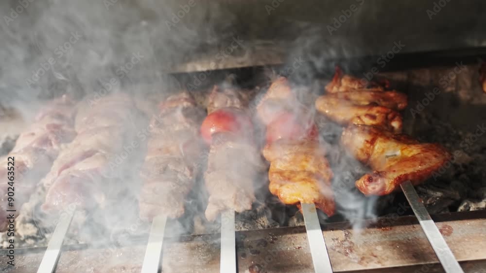 Chicken, meat and liver kebabs are fried on an open grill with charcoal Chicken, meat and liver kebabs are fried on an open grill with charcoal