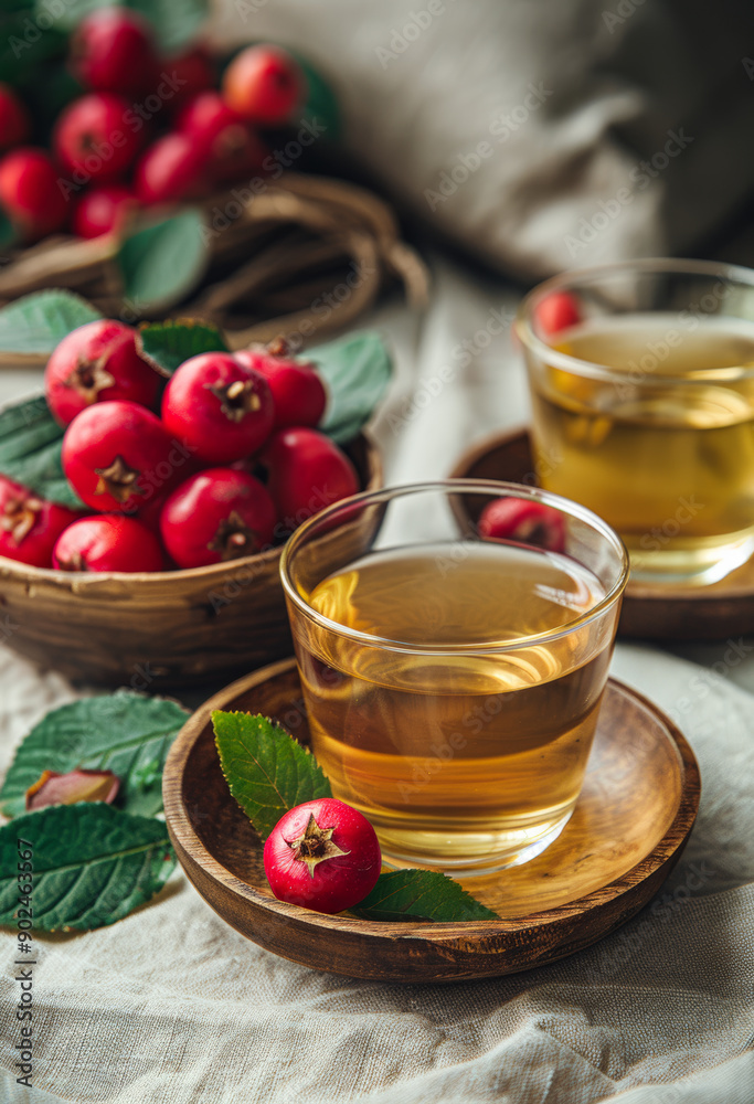 A wooden bowl with a few red berries and a leaf on it sits on a table next to two glasses of tea A wooden bowl with a few red berries and a leaf on it sits on a table next to two glasses of tea